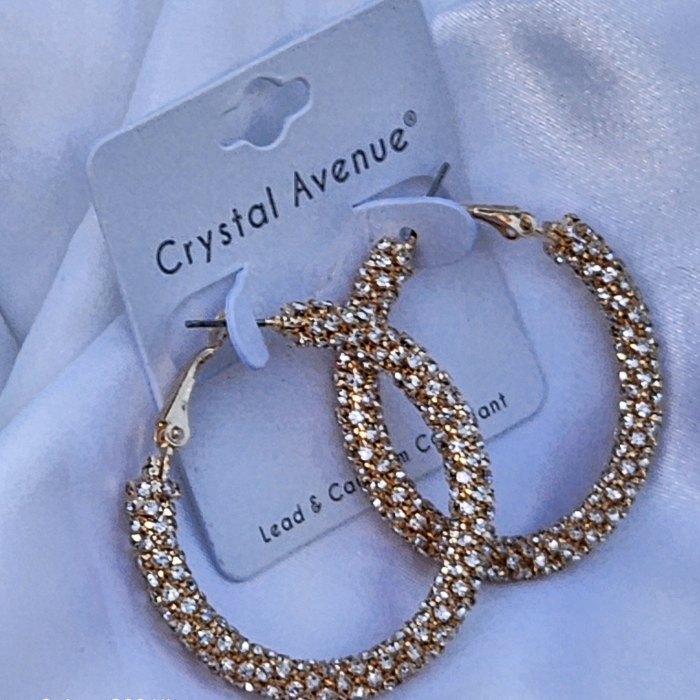 Whats Hot Jewelry Women's Gold Baggette Rhinestone Wrapped 2" Hoop Earrings - Picture 4 of 7